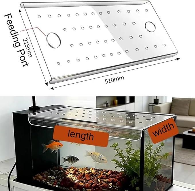 Rygcrud Custom Square Aquarium Hood with Feeding Port, Fish Tank Lid Cover Anti-Jumping, Acrylic Panel to Avoiding Cat Catching Fish(51x21.5cm)