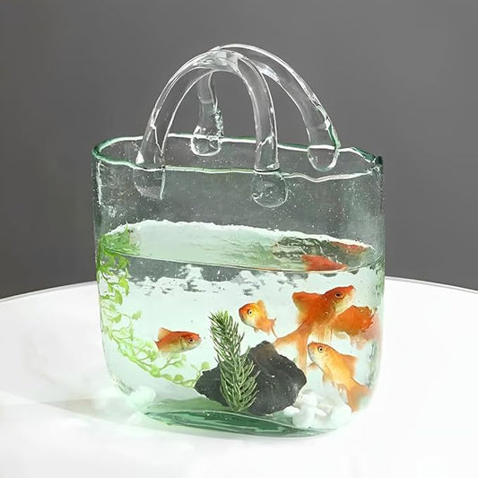 Open Glass Aquarium, Handbag Shaped Fish Tank, Special Shaped Transparent Betta Fish Tank, 2 in 1 Vase & Aquarium Container, Living Room Vase Decorations, Modern Aquarium for Girls,Green