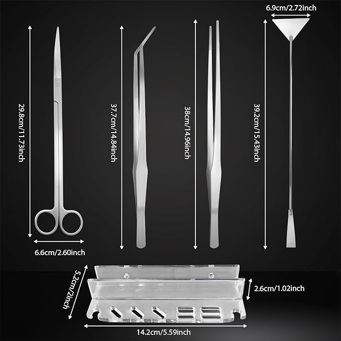 5Pcs 15Inch Aquascaping Tools Kit Extra Long Tweezers for Terrarium, Feeding Tongs, Aquarium Scissors, Algae Scraper,Aquascaping Tool Organizer Rack for Fish Tank Cleaning Plant Trimming