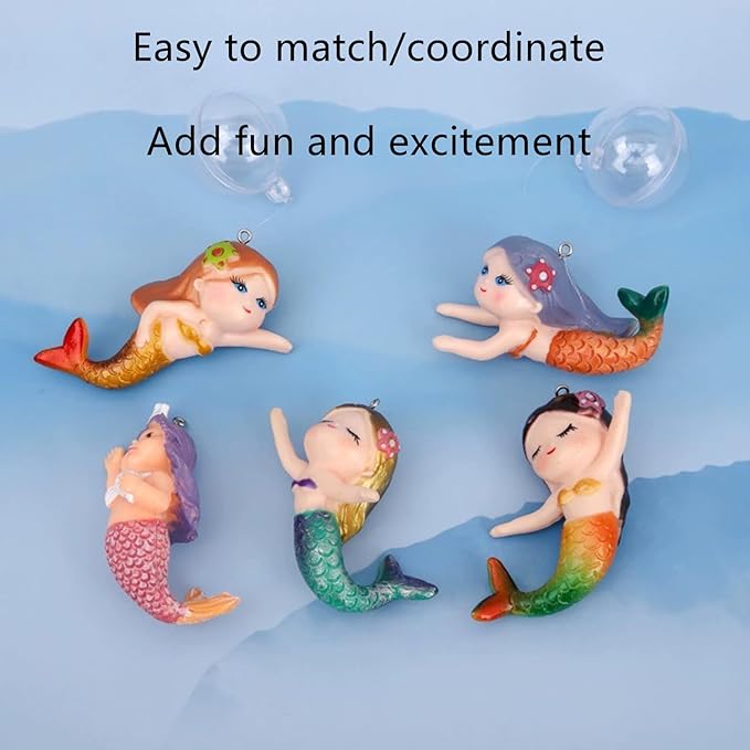 Floating Mermaid Aquarium Ornament, Handcrafted Cute Mermaid Statue with Floating Ball, Colorful PVC Resin Fish Tank Decor for Home Aquariums & Desktop Water Features (Red)
