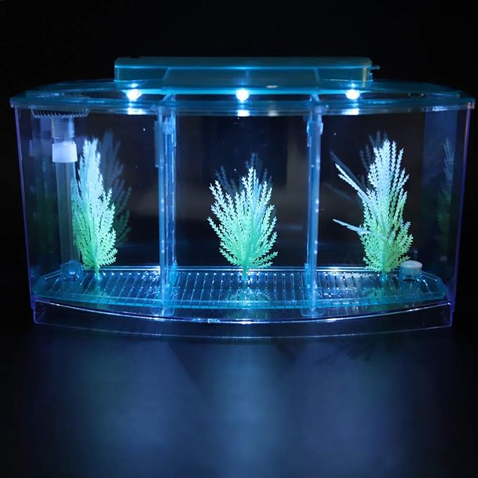 LIZEALUCKY Betta Fish Tank, Adjustable LED Light Acrylic Small Aquarium, Fish Tank Starter Kit with Isolation Plates and Water Change Valve, Blue
