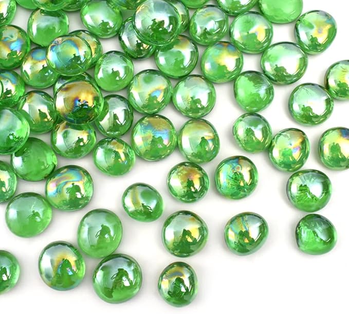 Flat Glass Marbles 1lb, 100PCS Green Flat Gems Glass Beads for Vase Filler Garden Aquarium Tank Pebbles Table Floral Decoration