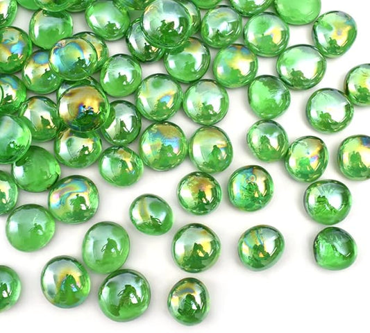 Flat Glass Marbles 1lb, 100PCS Green Flat Gems Glass Beads for Vase Filler Garden Aquarium Tank Pebbles Table Floral Decoration