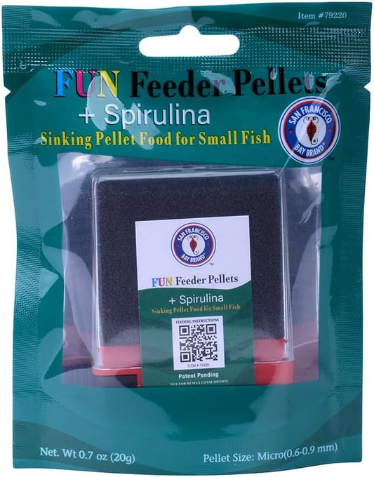 San Francisco Bay Brand Fish Food 0.7 oz - Fun Feeder Sinking Fish Food Pellets for Tropical Fish, Goldfish Food with Spirulina - 0.6-0.9mm Micro Pellets for Freshwater & Saltwater Fish, 20g