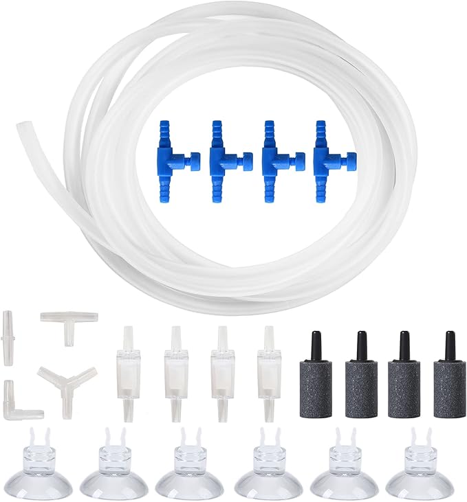 JIH Aquarium 25 Feet 3/16 Inch ID Flexible Airline Tubing Come with Check Valves, Suction Cups, Air Stone, Control Valves and Connectors (Clear)