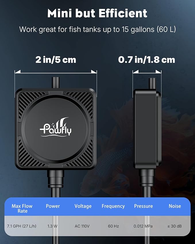 Pawfly Mini Aquarium Air Pump, Ultra Quiet 1.3W Oxygen Aerator for Nano Fish Tanks 1-15 Gallons, Compact Bubbler with Sponge Filter, Airline Tubing and Air Stone