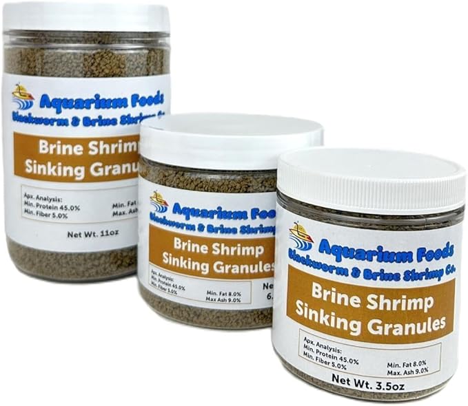 Brine Shrimp 0.5-2.5mm Sinking Granules for All Small & Baby Discus, Cichlids, Tetras, Live Bearers, Catfish, Small Plecos, All Tropical Fish…11oz Lg Round Jar