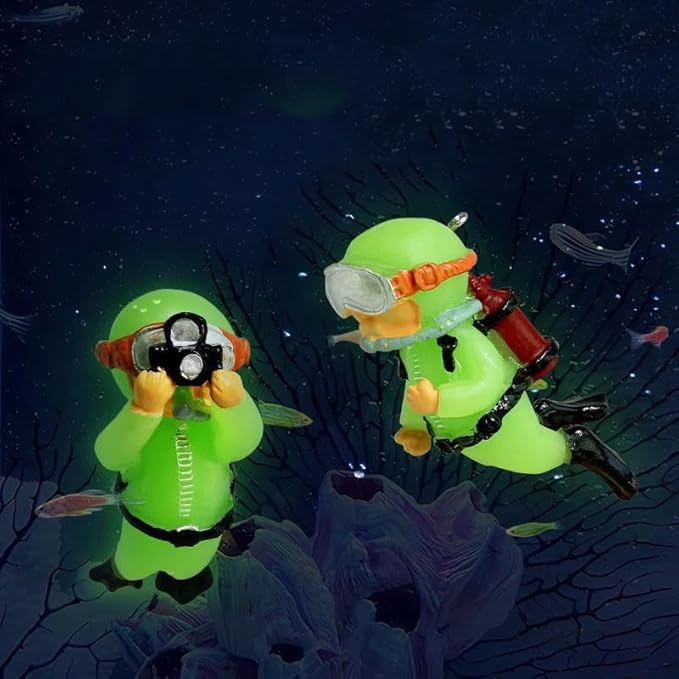 2-Pack Glow in Dark Tank Decorations, Cute Little Diver, Aquarium Decoration Accessories Ornaments with Float Ball, for Tanks (White& Green)