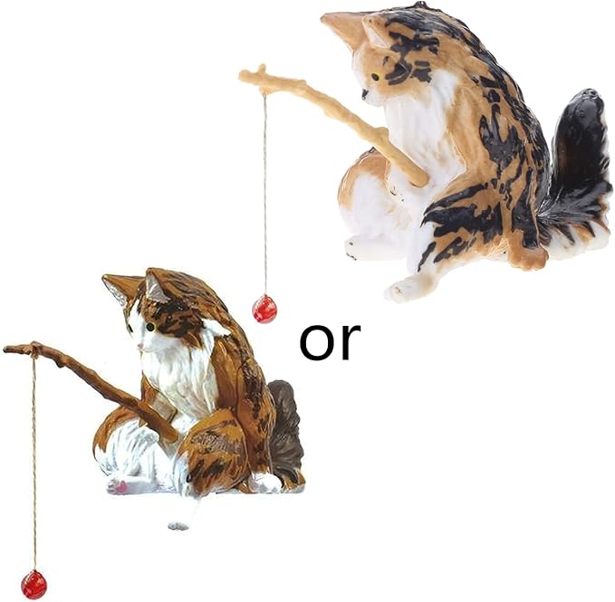 Yuly Fishing Cat Ornaments Mini Resin Figurine Cartoon Cat Statue for Home Office Aquarium Decoration