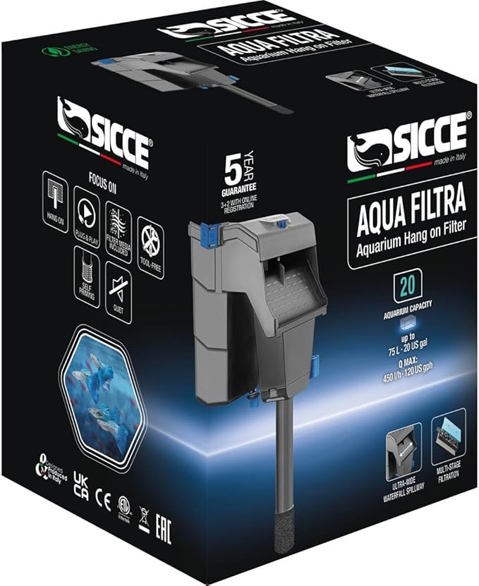 Sicce Aqua Filtra 20 Hang On Back Aquarium Fish Tank Power Filter Up to 20 Gallon Aquariums - Quiet 3-Stage HOB for Freshwater & Saltwater