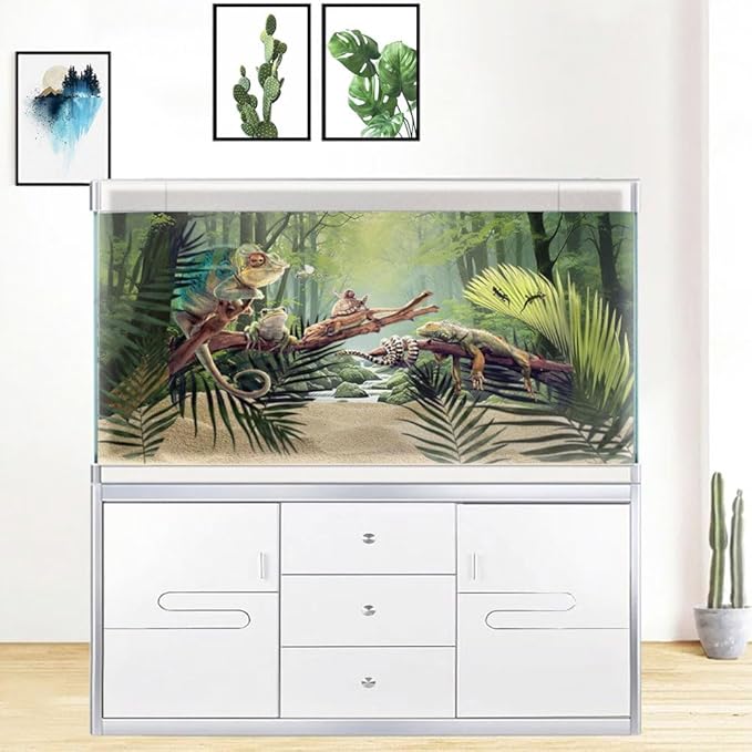 24X12IN Tropical Forest Terrarium Background, Natural Green Forest Tree Reptile Habitat Background, Misty Rainforest Aquarium Background, with 8 EVA Double-Sided Tape