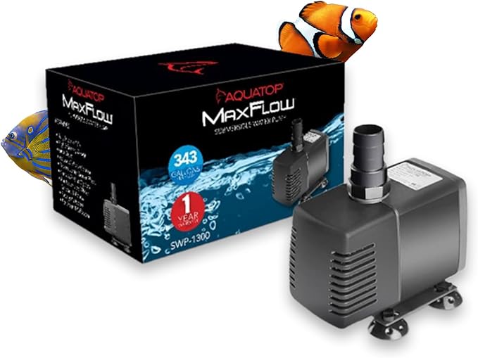 Aquatop MaxFlow Submersible Pump 343 GPH – Adjustable Flow for Aquariums, Sumps, Statuary – Efficient Water Circulation, SWP-1300 – Easy to Install
