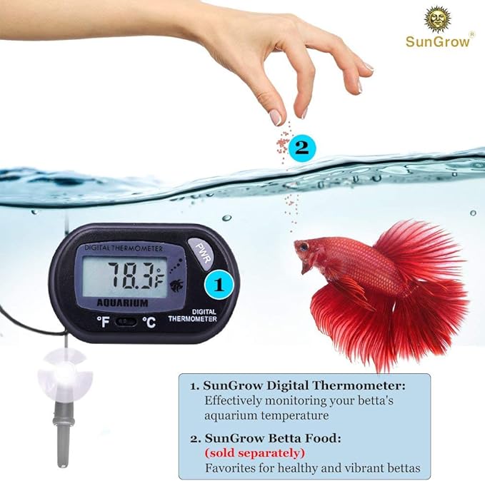 SunGrow Digital Betta Thermometer for Tropical Aquarium Fish, Black Color, 4 Suction Cups and 2 Batteries Included, 2 pcs per Pack