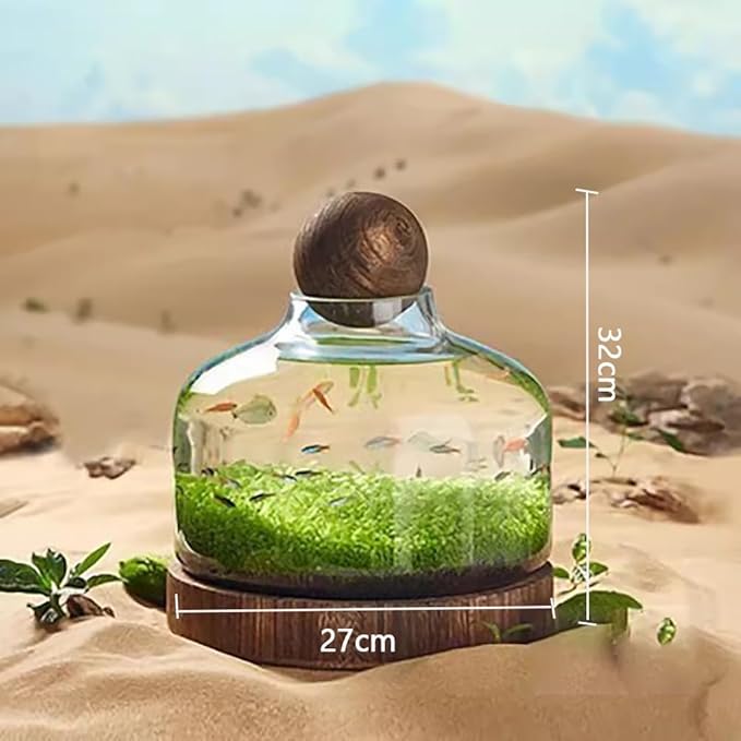 Glass Aquarium with Wooden Base, Microecosphere Fish Tank, Transparent Bottle-Shaped Batta Fish Bowel, Micro-Landscape Ecological Aquarium, Modern Glass Goldfish Tank,L