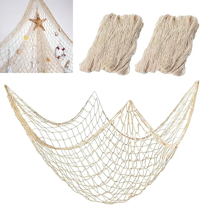 80"x40" Fish Net Decorations, Natural Cotton Fishing Net Decor Fishnet Rope Decoration for Under The Sea Hawaiian Pirate Ocean Beach Themed Party (2 Pack)