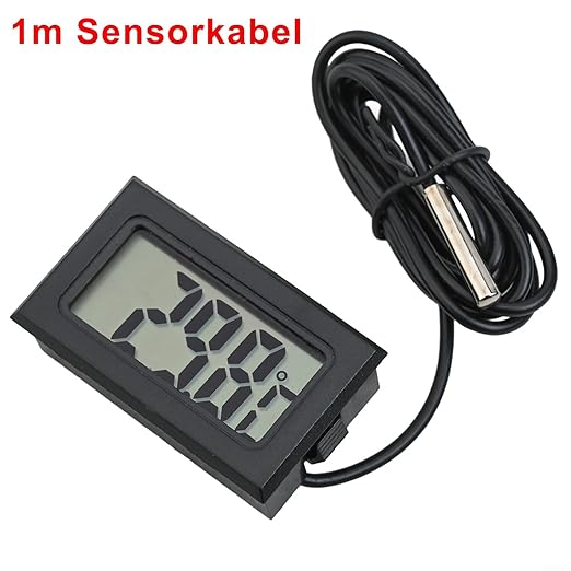 Digital Thermometer with Probe -50 to +110°C, Waterproof Sensor for Aquariums and Terrariums, LCD Display, 1m to 5m Cable, Black(1 meters)