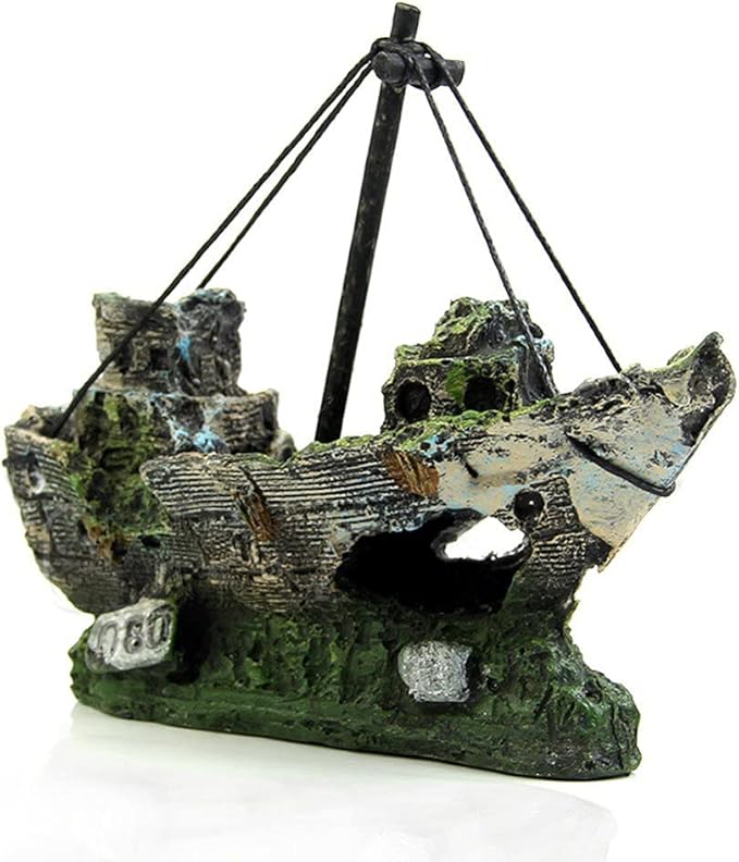 Superdream Resin Fishing Boat Aquarium Ornament Plastic Decoration Sunken Pirate Ship Theme