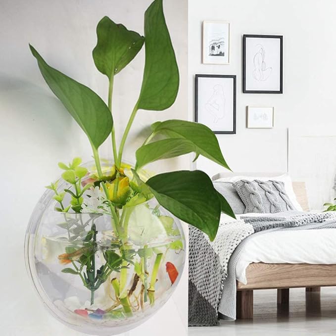 GREENWISH 2Pack 5.9'' Wall Mounted Clear Acrylic Round Fish Tank Flower Pot Vase Decoration Wall Hanging Mount Fish Bowl Fish Bubble Aquarium Decorative Plant Pot Hanging Hydroponic Pot