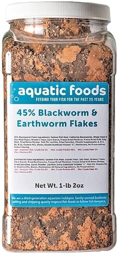 45% Blackworm Flake & Earthworm Flake Mix for Discus, Cichlids, All Tropical Fish. Aquatic Foods Premium Flakes…1-lb 2oz Lg Jar