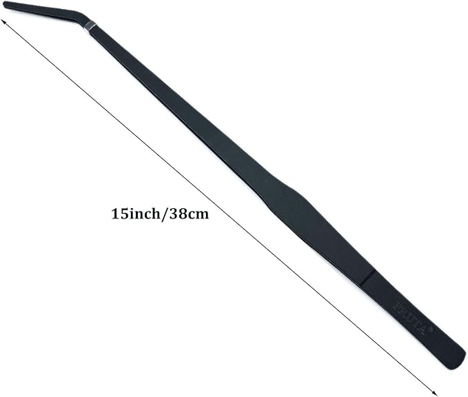 FRUTA Aquarium Tweezers Stainless Steel Curved Tweezer with Carbonation Protection Coating Against Rust Long Reptiles Feeding Tongs for Aquatic Plants Spider Snakes Lizards, 15 inch - Black Curved