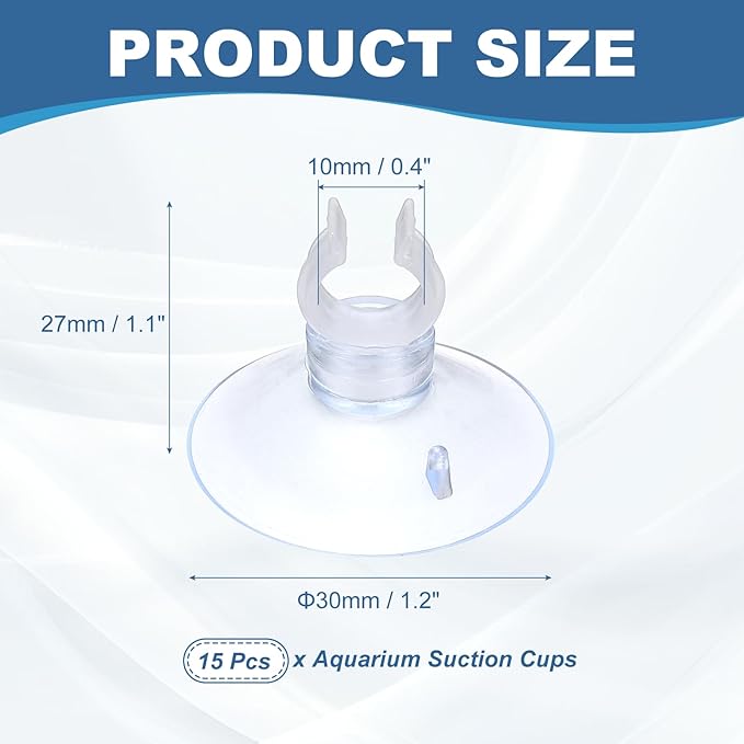 Aquarium Suction Cups, Fish Tank Suction Cups Clips Airline Tube Holders Clamps (Plastic, 15Pcs, Clear) for 0.4" Fish Tank Airline Tubing Binding Moss Shrimp Nest, 10x30MM