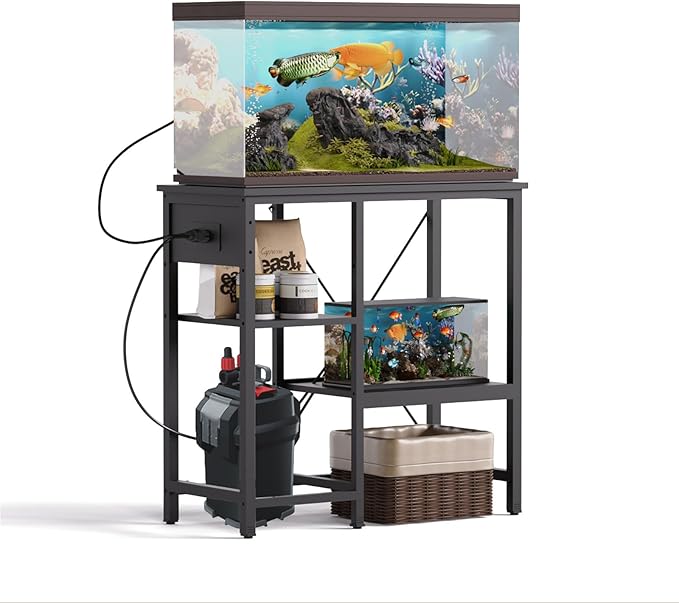 BEURUKU 20-29 Gallon Fish Tank Stand with Power Outlet & LED Light, Metal Aquarium Stand with 3 Tier Adjustable Storage Shelves, Tank Stand for Reptile Tank, Turtle Tank, 30.7" L*13.8" W, Black