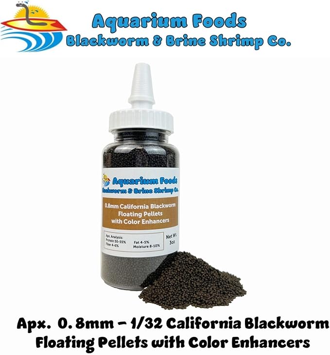 0.8mm Micro California Blackworm Floating Pellets w/Color Enhancers & Vitamins for Guppies, Tetras, Bettas, Nano Fish, All Baby Fish…3oz Squeeze Bottle