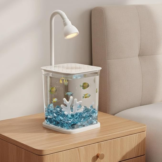 Betta Isolation & Breeding Starter Kit - 0.6Gallon Small Desktop Aquarium with LED Light, Heater, Clean Sponge, Plants, Luminous Stones, 6-in-1 Test Strips - for Betta Fish, Small Fish, Shrimp