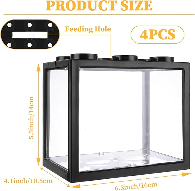 QTLCOHD 4Pcs Small Betta Fish Tank, 0.6 Gallon Stackable Mini Aquarium Tank, Rectangular Fish Bowl for Turtle, Reptile, Shrimp, Crab, Insects, Decoration (Black), Clear