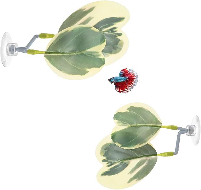 M METERXITY 2-Pack Betta Fish Leaf Pad, Hammock Plant Leaf Pad, Realistic Resting Fish Rest Bed for Fish Tank Decorations/Aquarium Accessories/Breeding [Green and White, Grape Leaves-Shaped]