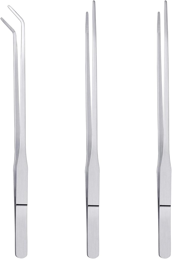 3 Pcs Aquarium Tweezers, Stainless Steel Feeding Tongs Straight and Curved Tweezers Set Long Handle Reptile Feeding Tongs for Aquatic Plants Lizards Spider Snakes