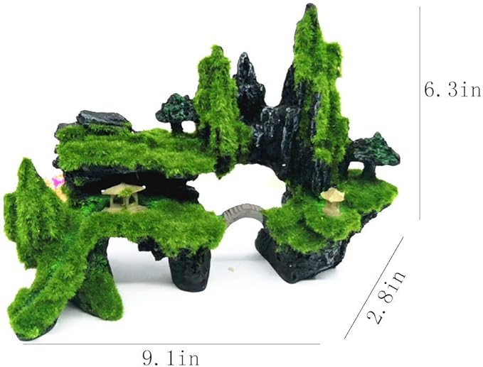 Tfwadmx Fish Tank Mountain View Decoration Aquarium Stone Ornament Bridge with Moss Tree House Cave for Small Betta Shrimp Hide