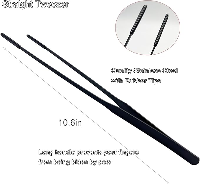 Stainless Steel Straight and Curved Tweezers Aquarium Tweezers with Rubber Tips Long Handle Reptile Feeding Tongs for Fish Tank Aquatic Plants, 2pcs, 10.6 Inch, Black