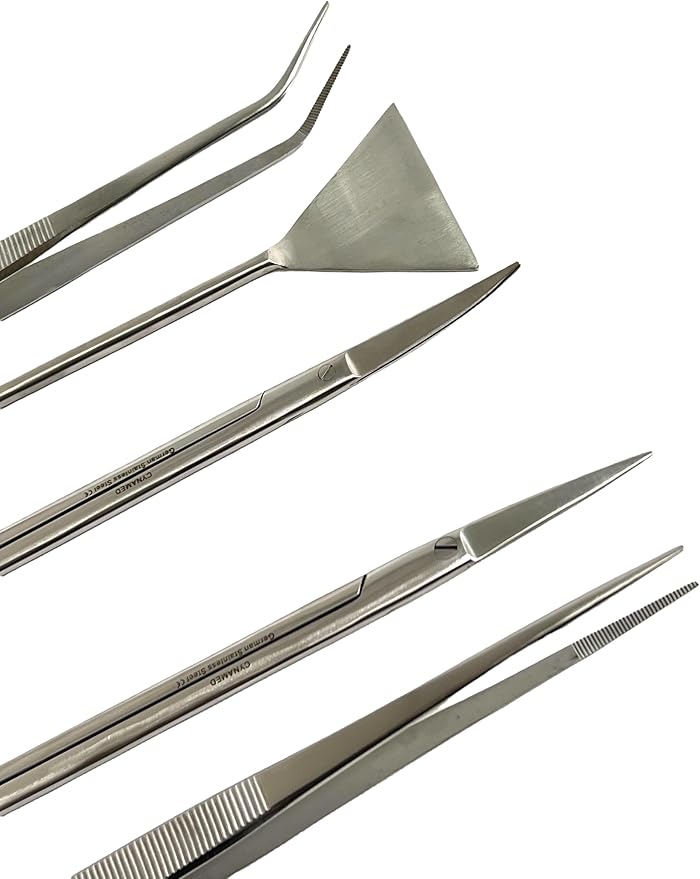 GERMAN FISH AQUARIUM CLEANING KIT STAINLESS 5PCS WITH POUCH BASIC TOOLS SCISSORS TWEEZERS SPATULA CYNAMED