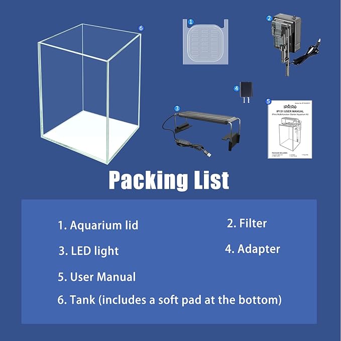 Ultra White Glass Aquarium Starter Kits 1.5 Gallon Small Fish Tank, Betta Fish Tank with LED Light, Power Filter, for Home Office Deco, 4mm Glass