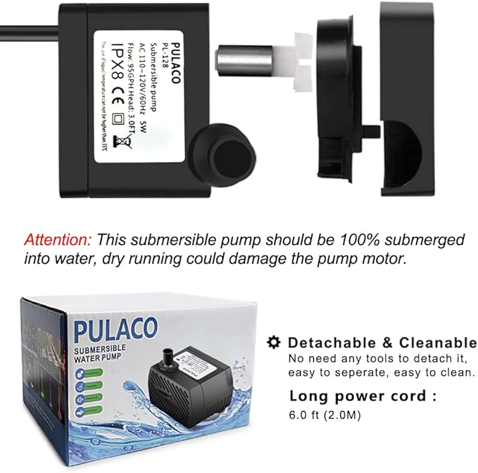 PULACO 95GPH 5W Mini Submersible Water Pump with 3.3 ft Tubing for Aquarium Fish Tank, Pond, Fountain, Hydroponics