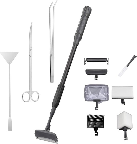 Carefree Fish 9IN1 Aquarium Cleaning Tools Long Handle Adjustable Length 20~36Inch Fish Tank Cleaner Kit Algae Scraper Scrubber Brushes Set Plant Scissor Long Tweezer