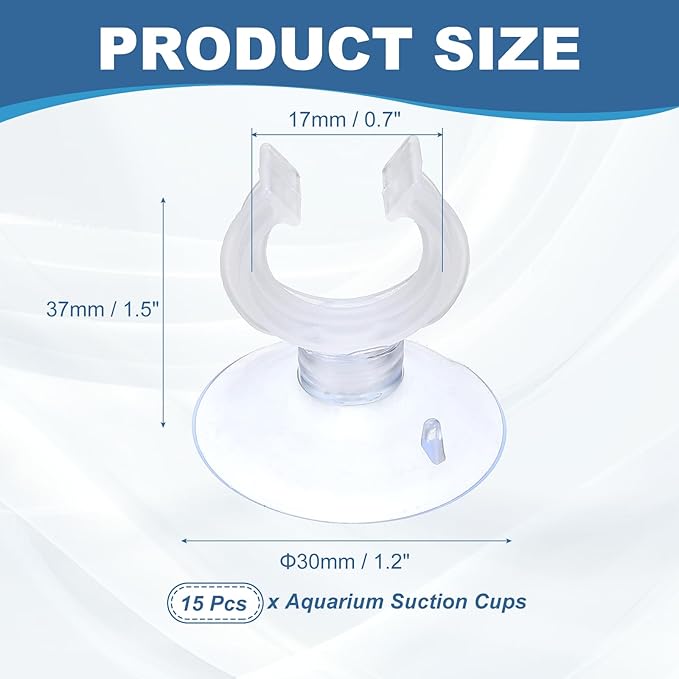 Aquarium Suction Cups, Fish Tank Suction Cups Clips Airline Tube Holders Clamps (Plastic, 15Pcs, Clear) for 0.7" Fish Tank Airline Tubing Binding Moss Shrimp Nest, 17x30MM