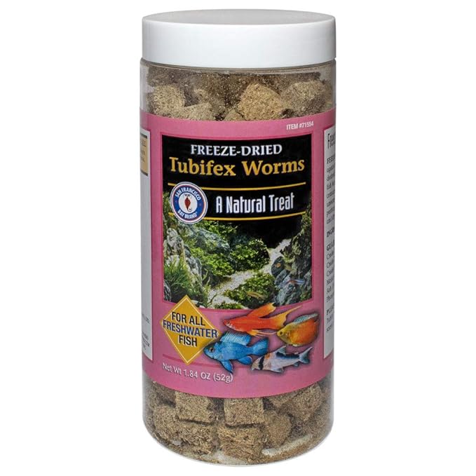 San Francisco Bay Brand Freeze-Dried Tubifex Worms Fish Food - All Natural High Protein Treat for Freshwater Fish, Cichlids, Discus, Angelfish, Catfish, Barbs - Bloodworms Fish Food - 1.84 oz (52g)