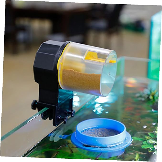 Automatic Fish Feeder and Turtle Feeding Machine with Adjustable Timer, Large-Capacity Aquarium Food Dispenser for Fish Tank and Pond, Yellow Without Battery, Suitable for Vacation
