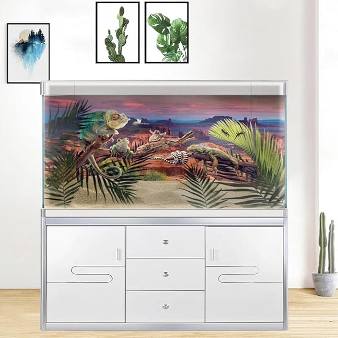 24X12IN Desert Loess Rock Cactus Oasis Reptile Habitat Background, Natural Sunset Desert Themed Terrarium Background, Aquarium Background with 10 EVA Double-Sided Tape