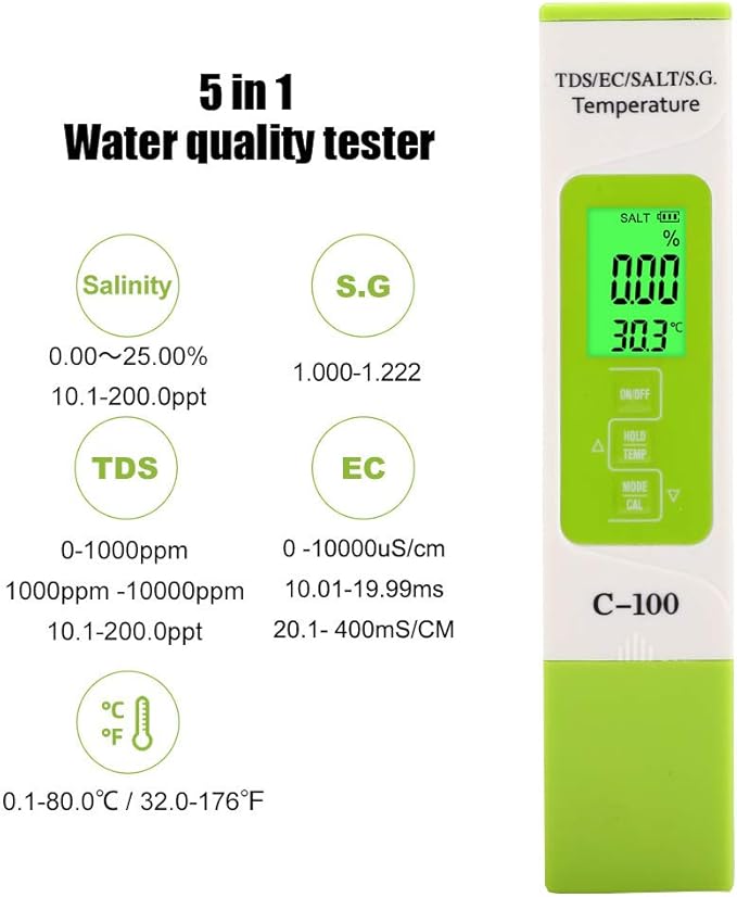 Digital Salinity Tester, 5-in-1 Multifunction Water Quality Meter for Saltwater Aquariums, Pools, and Koi Fish Ponds, Backlit Display