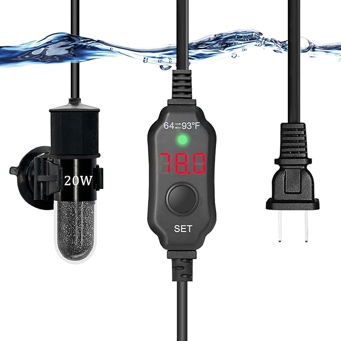 YukiHalu Super Mini Aquarium Heater, 10W 20W 30W Adjustable Fish Tank Heater with External Controller, Overheating Protection, Digital Display, Used for 0.5-3 Gallons(20 watts)