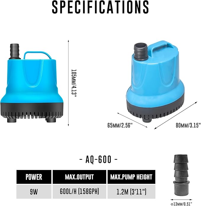 158 GPH Bottom Feed Submersible Water Pump - Energy Efficient Low-Suction Aquarium, Pond, Fountain, Hydroponics Pump, 9W - 3 Pack