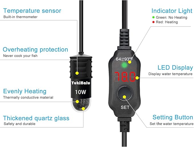YukiHalu USB Powered Aquarium Heater, 10W Adjustable Mini Fish Tank Heater with External Temperature Controller, LED Display, Used for 0.5-1 Gallon Tank (10W USB Adapter)