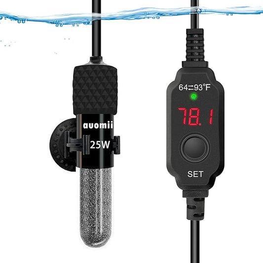 Small Submersible Aquarium Heater,Adjustable Mini Fish Tank Heater 25/50/100/150/200/300 Watts with External Temperature Controller, LED Display, Smart Memory, Used for 1-60 Gallons (25W)