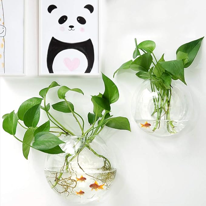 UNIE 2 PCS 6 Inch Wall Mounted Fish Tank Round Transparent Fish Bowl Plastic Aquarium for Flowers and Plants Decor
