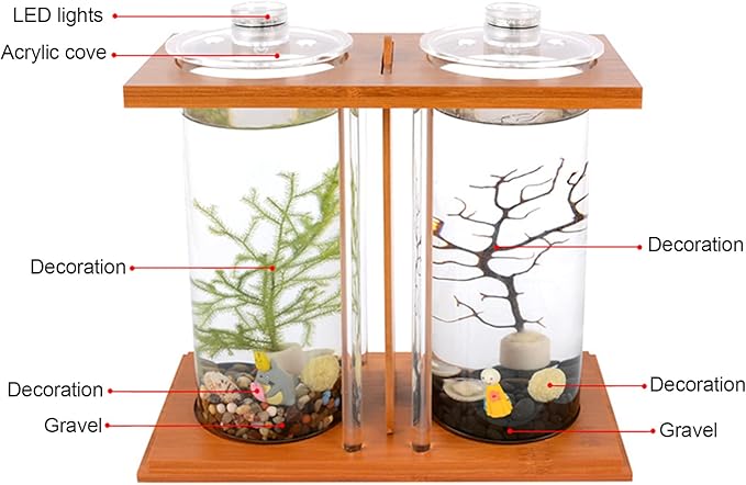 Acrylic Mini Fish Tank,Creative Wood Desktop Mini Aquarium Tank Bowl with LED Light for Goldfish Betta Small Fish Aquarium Small Fish Tank Office Business Home Decor