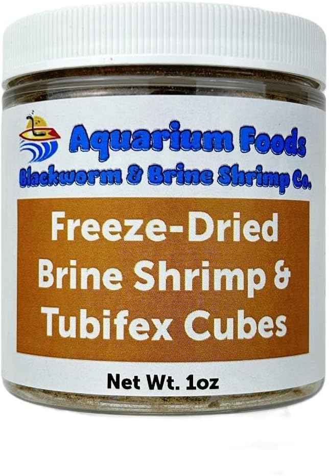 Brine Shrimp & Tubifex Worms - Freeze-Dried Brine Shrimp & Tubifex Cubes for Discus, Cichlids, Koi, Pond Fish, Aquatic Turtles, Tropical Fish, Marines…1oz Sm Round Jar