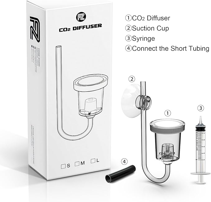FZONE Acrylic Aquarium CO₂ Diffuser with Built-in Check Valve & Bubble Counter, Syringe & Suction Cup – Fine Bubble CO₂ Delivery for Planted Tanks (M-25mm)